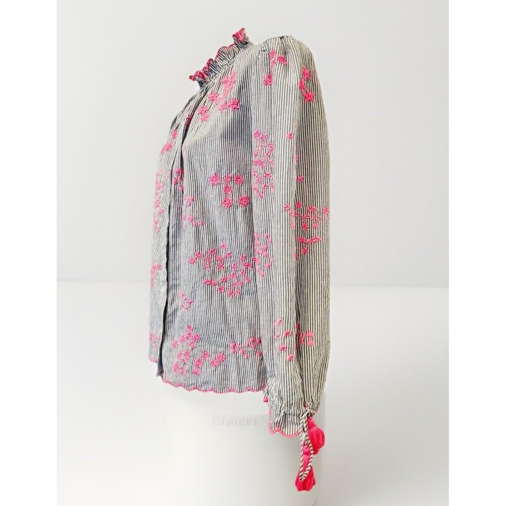VILAGALLO Aurora embroidered Blouse in stripe pink embroidery Sz S Blue White - Picture 5 of 10